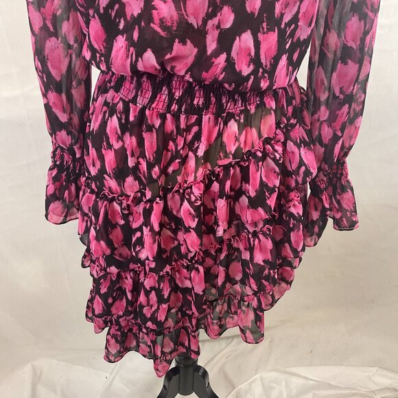 Misa Dress M Black Pink Print Gathered Neck Sleeves Waist Ruffle Long Semi-Sheer - Picture 11 of 13